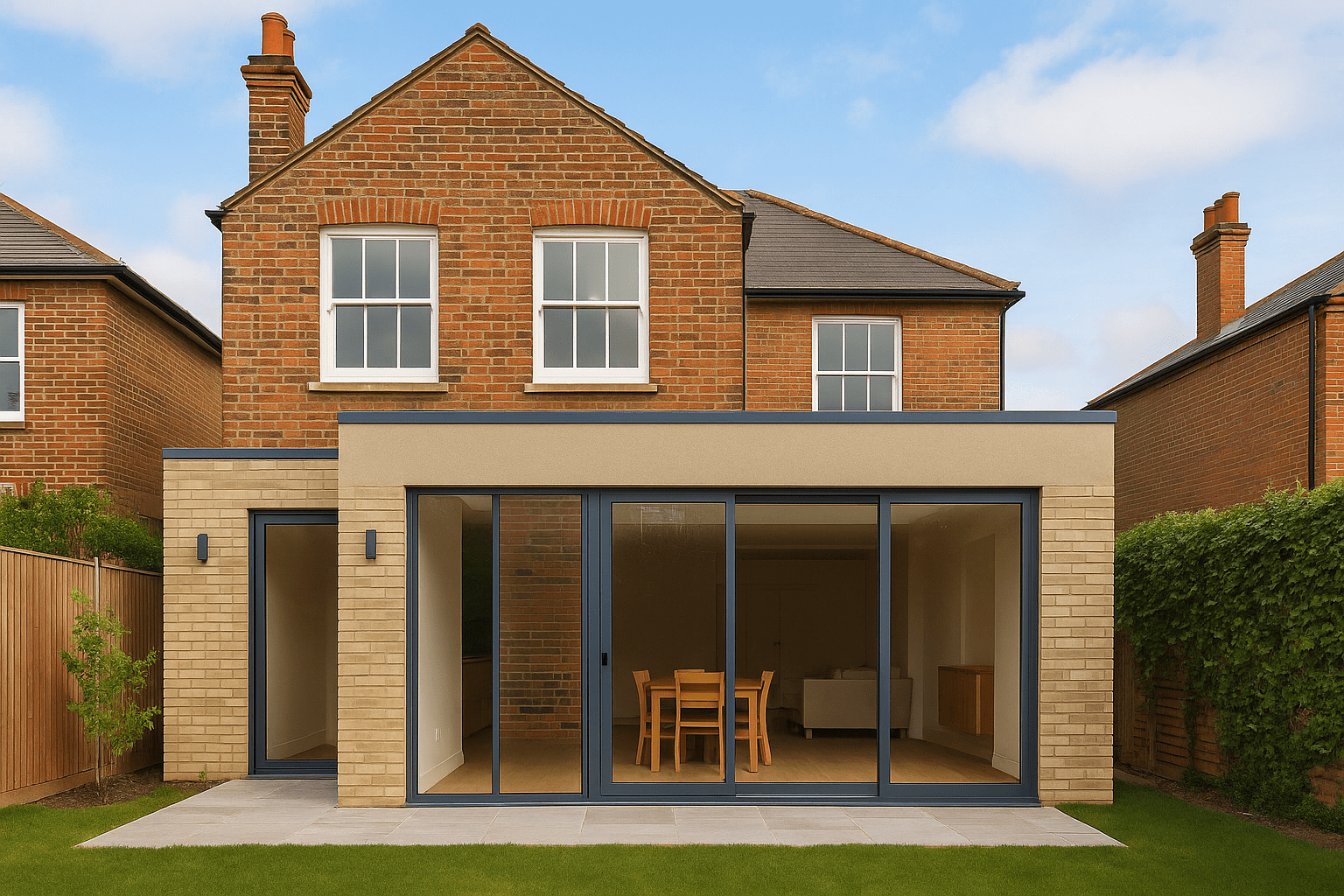 london-house-extension-modern.png Traditional London brick house with a modern rear extension featuring large glass doors